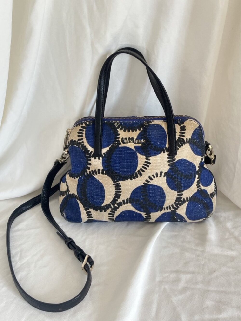 Kate Spade Blue Polka Dot Canvas Satchel Crossbody Cream